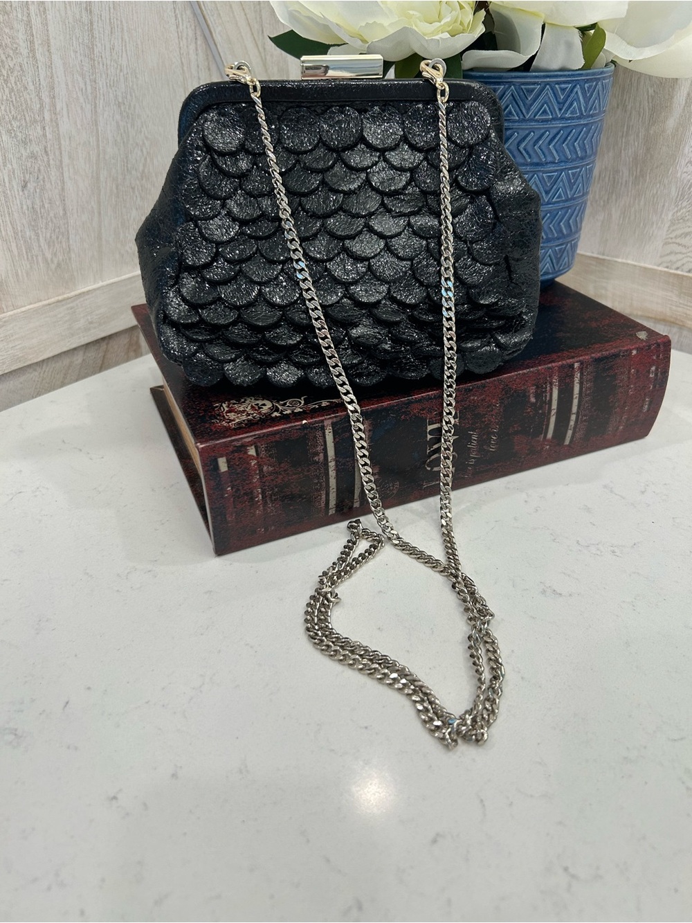 Black “Aubary” Scalloped Metallic Crossbody Bag with Silver Chain